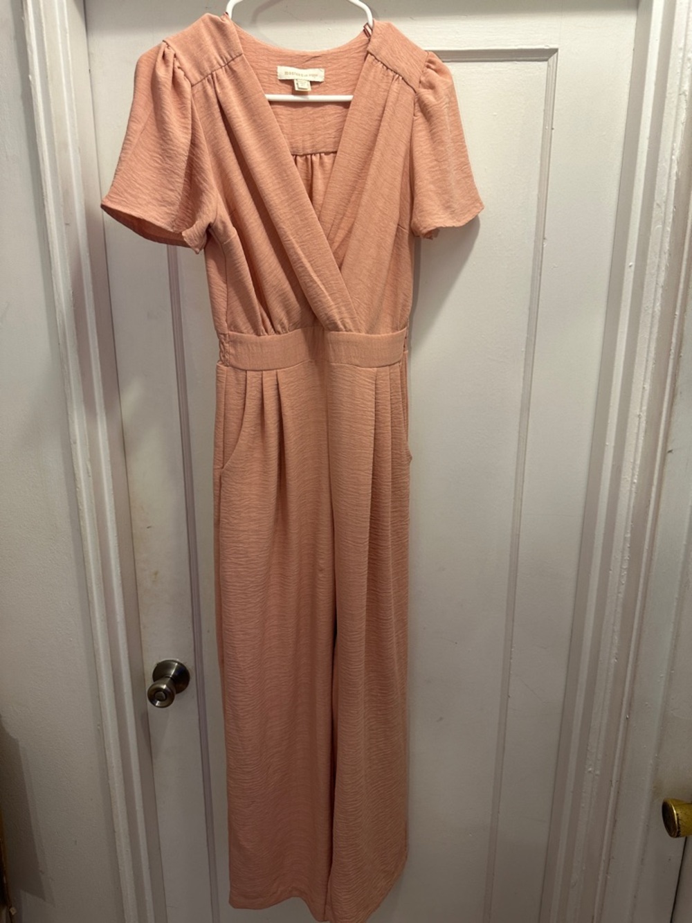 Women's Pink Short-Sleeve Surplice Wide-Leg Jumpsuit - Preloved